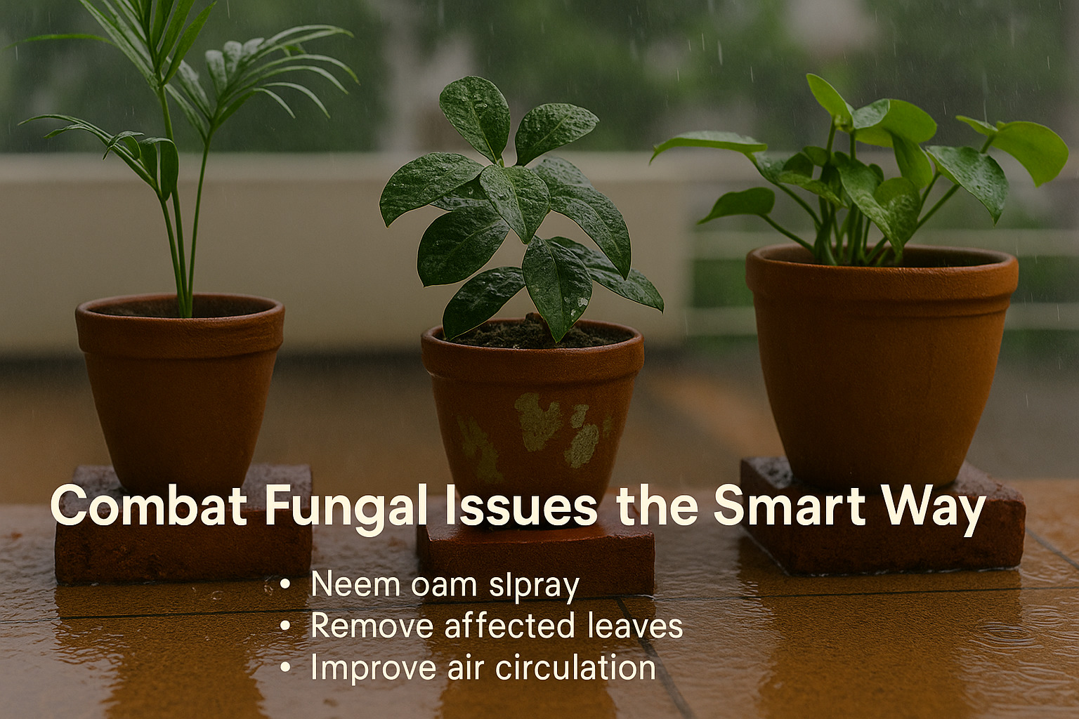 How to combat fungal issues in balcony plants during monsoon – neem spray, removing infected leaves, and improving airflow with terracotta pots